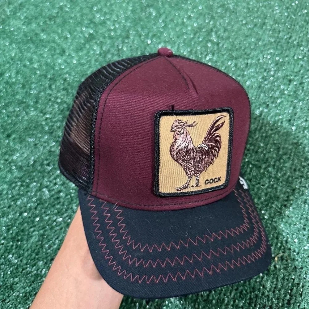 Goorin Bros The Farm Trucker Hat Burgundy Black Rooster Patch Snapback